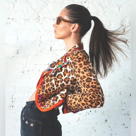 Moschino Cheap & Chic Leopard Print Blazer Jacket Red Trim Applique Size 14 - Picture 2 of 16